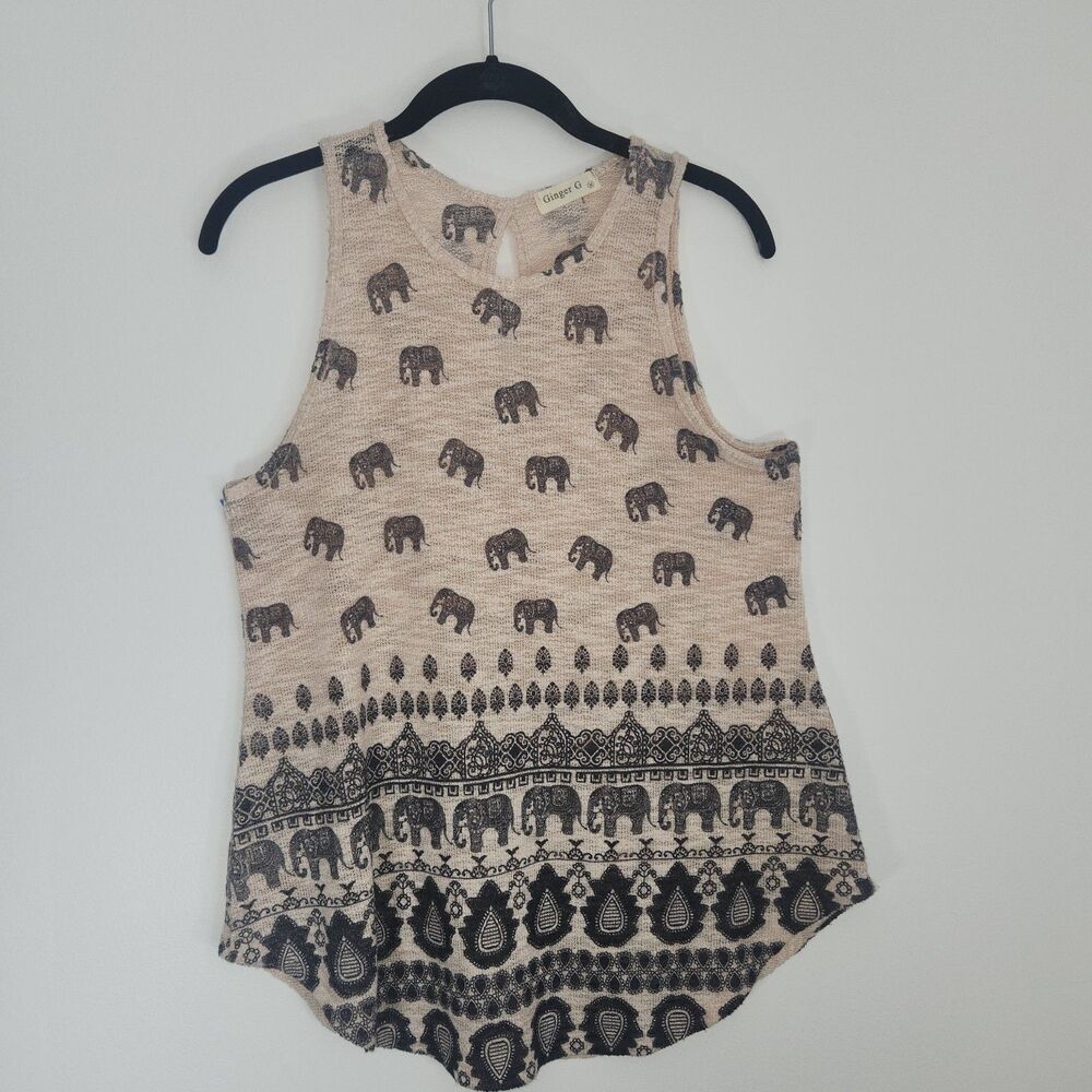 Ginger G Women's Beige Elephants Sleeveless Loose Knit Tank Top Shirt MEDIUM